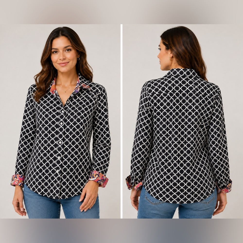 Ruby Rd. Black and White Moroccan Tile Geometric Button Down Shirt 12 Twelve